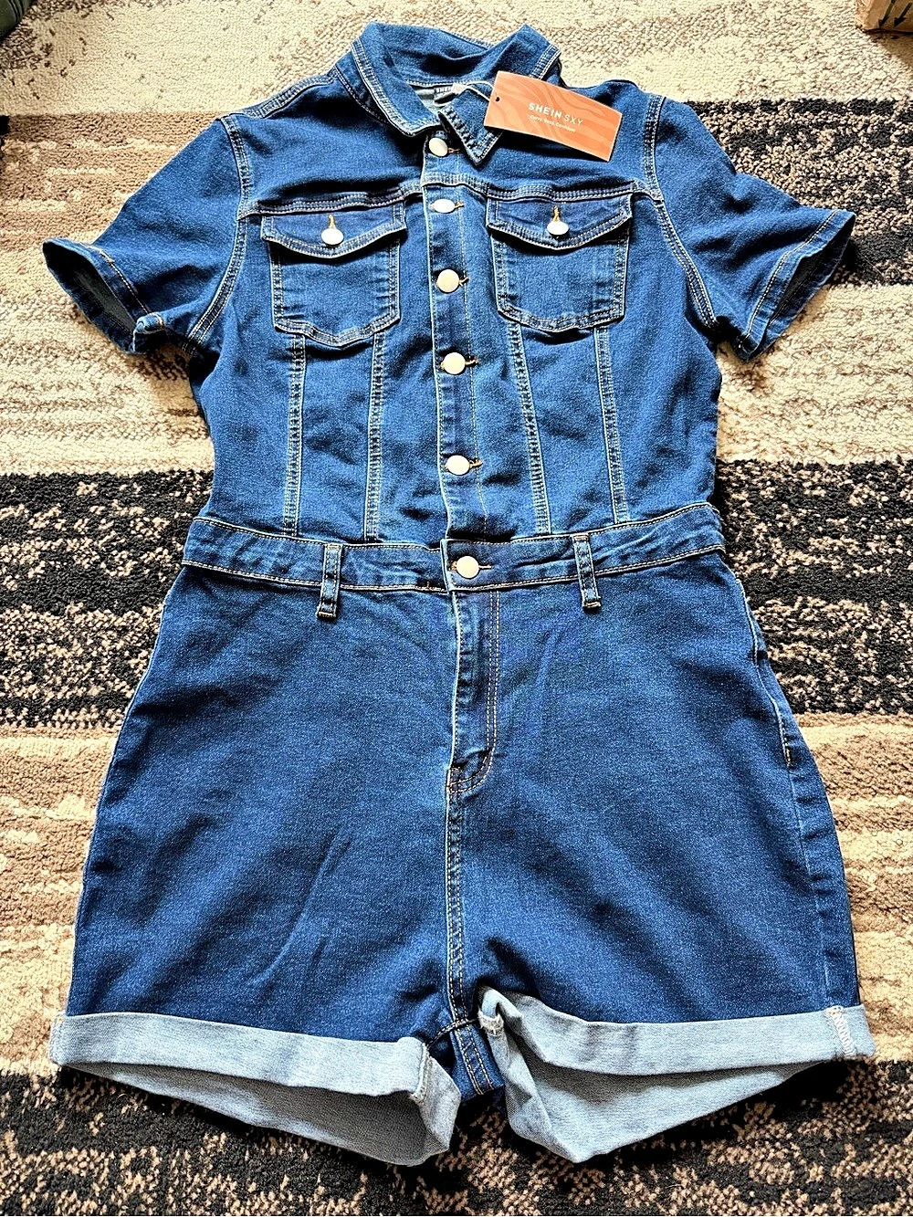 Button Front Roll Hem Denim Romper Blue